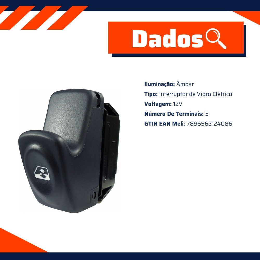 Interruptor de Vidro Elétrico 5 Terminais 12V Comutador - DNI - 2408