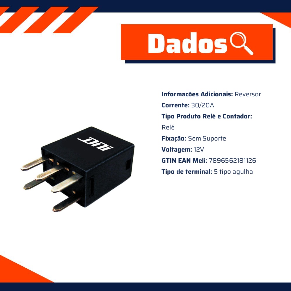 Relé Mini Auxiliar Reversor com Resistor 30/20A 12V 5 Terminais - DNI - 8112