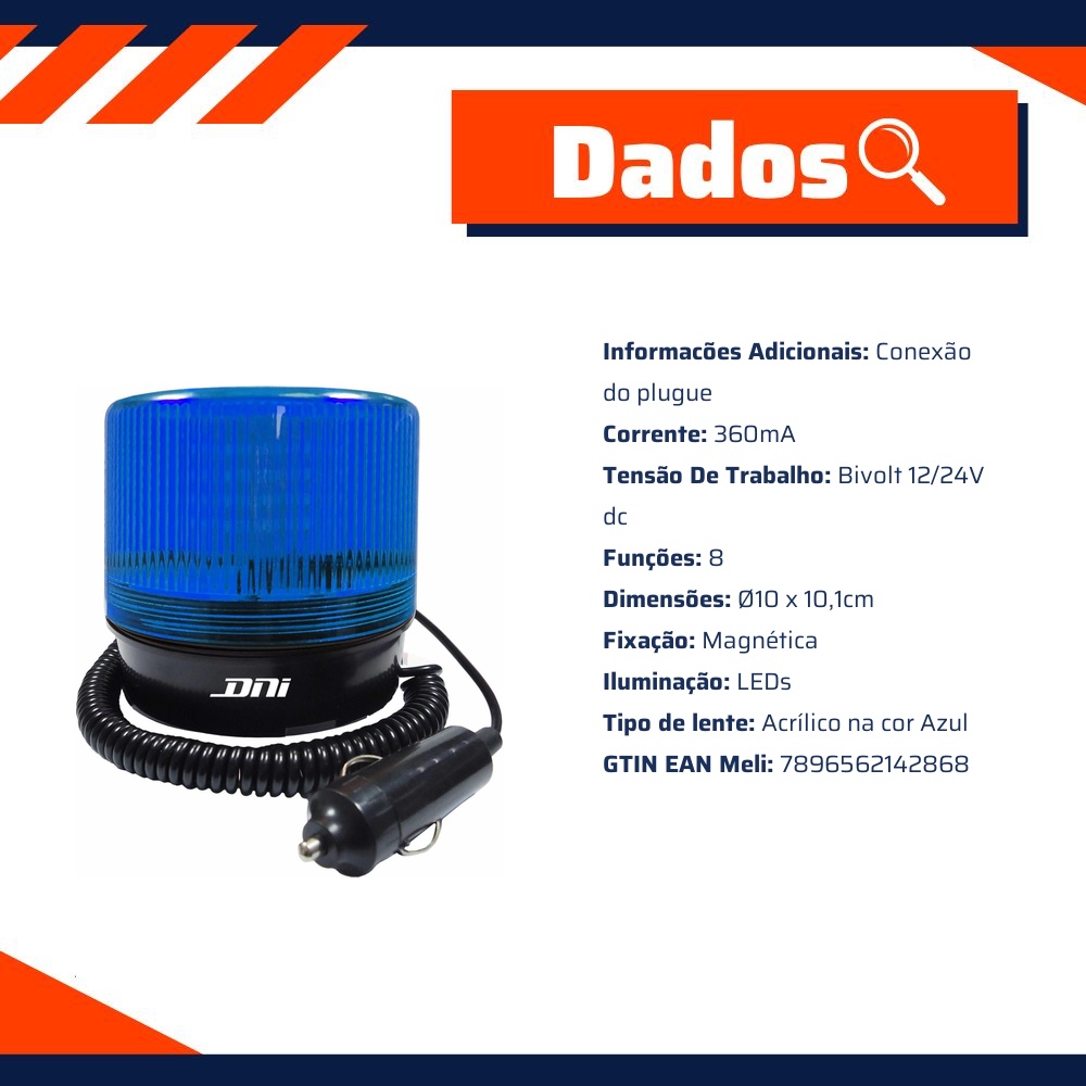 Sinalizador Visual Giroflex Giroled e Strobo com Plug 8 Funções Azul Bivolt - DNI - 4286