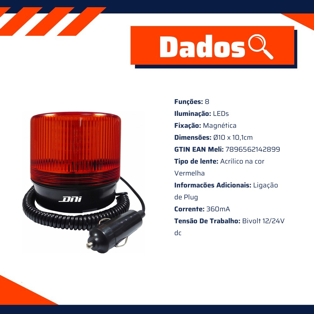Sinalizador Visual Giroflex Giroled e Strobo Magnético com Plug 8 Funções - DNI - 4289