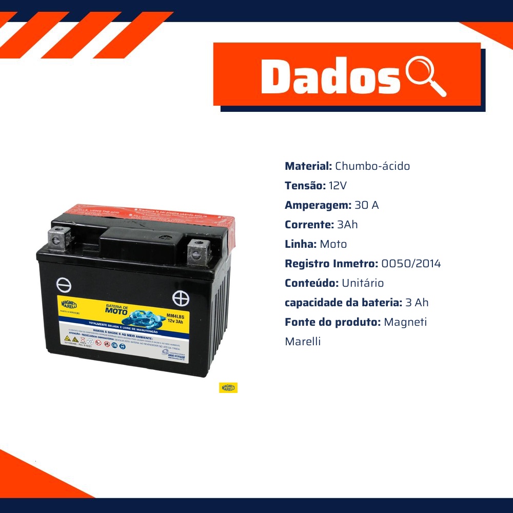 Bateria para Moto 12V 3Ah - Magneti Marelli - MM4LBS
