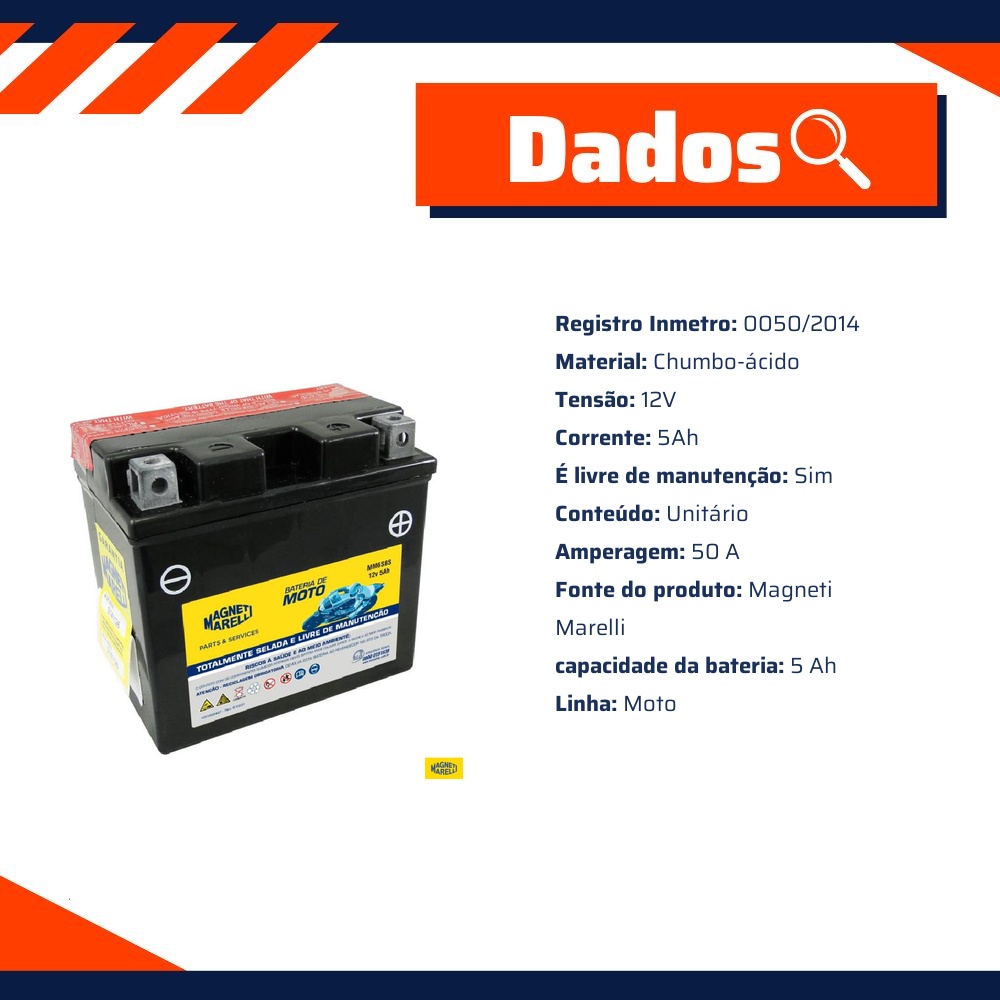 Bateria para Moto 12V 5Ah - Magneti Marelli - MM6SBS