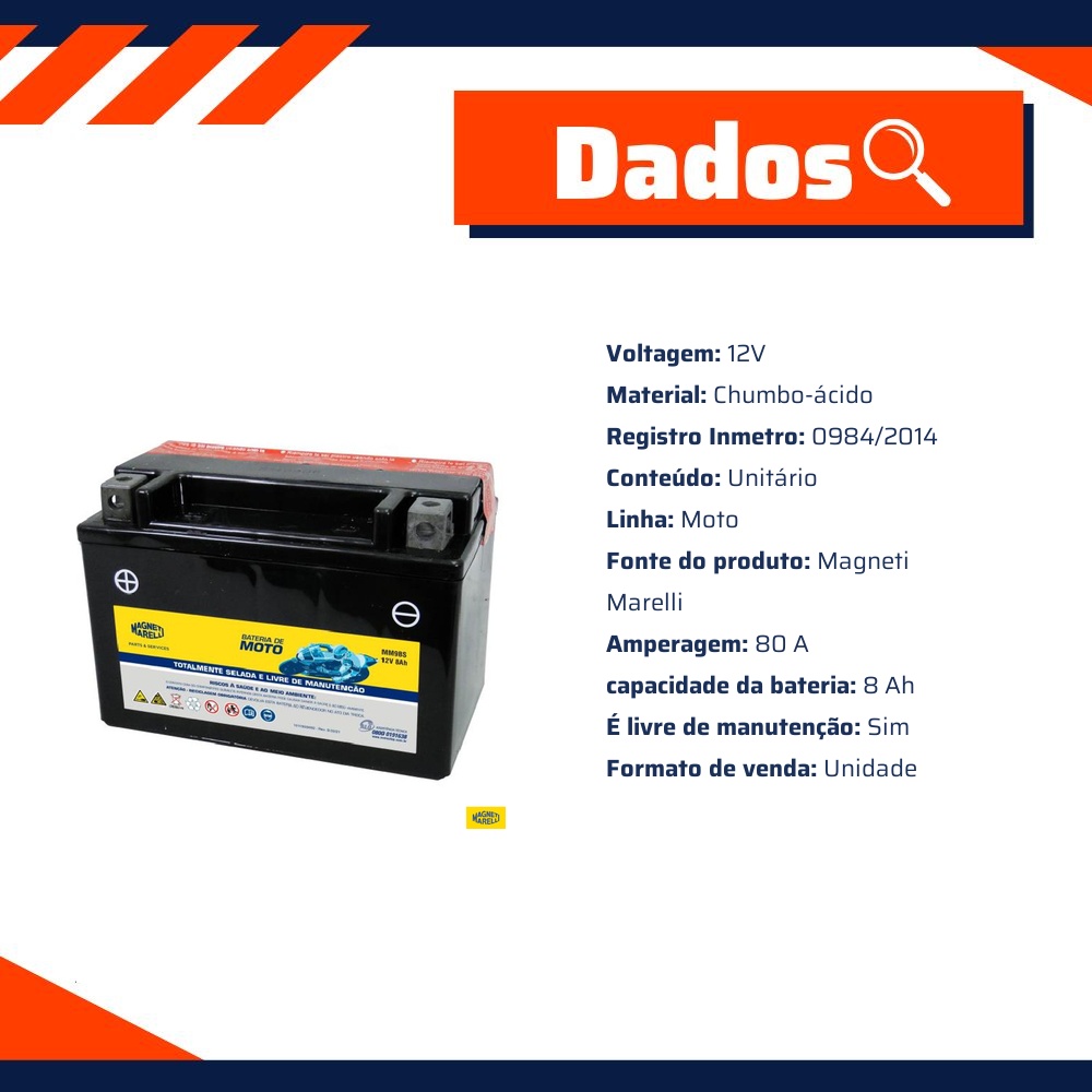 Bateria para Moto 12V 8Ah - Magneti Marelli - MM9BS