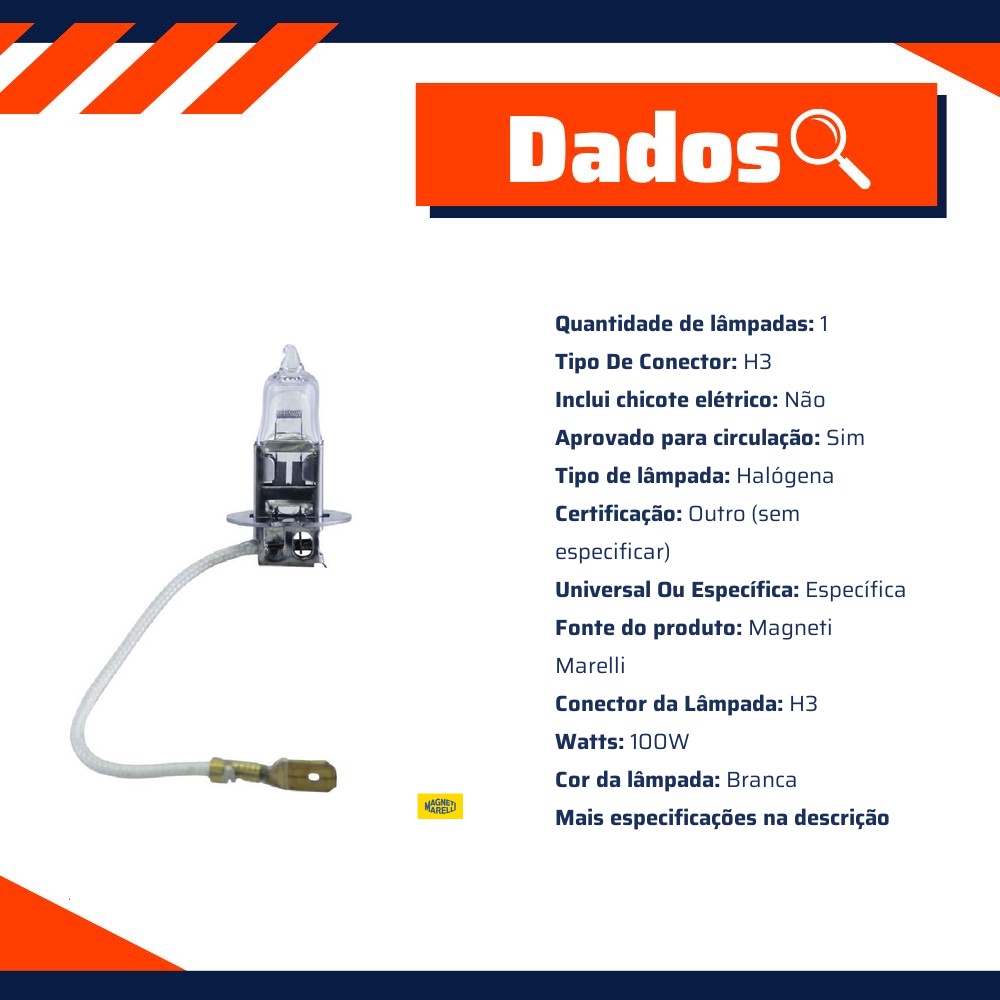 Lâmpada Farol Alto / 12V 100W Pk22S H3 Adventure - Magneti Marelli - LMM62201