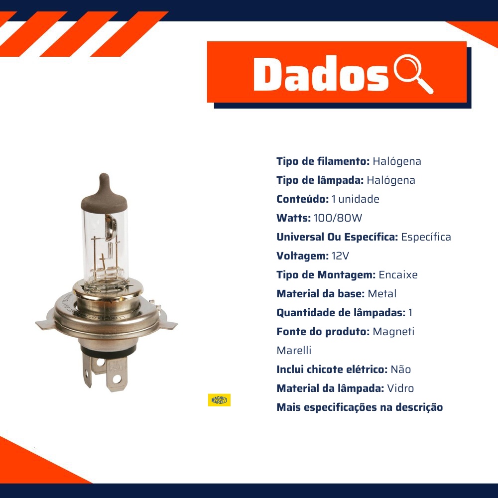 Lâmpada Farol Alto / Baixo / 12V 100/80W P43T H4 Adventure - Magneti Marelli - LMM62203