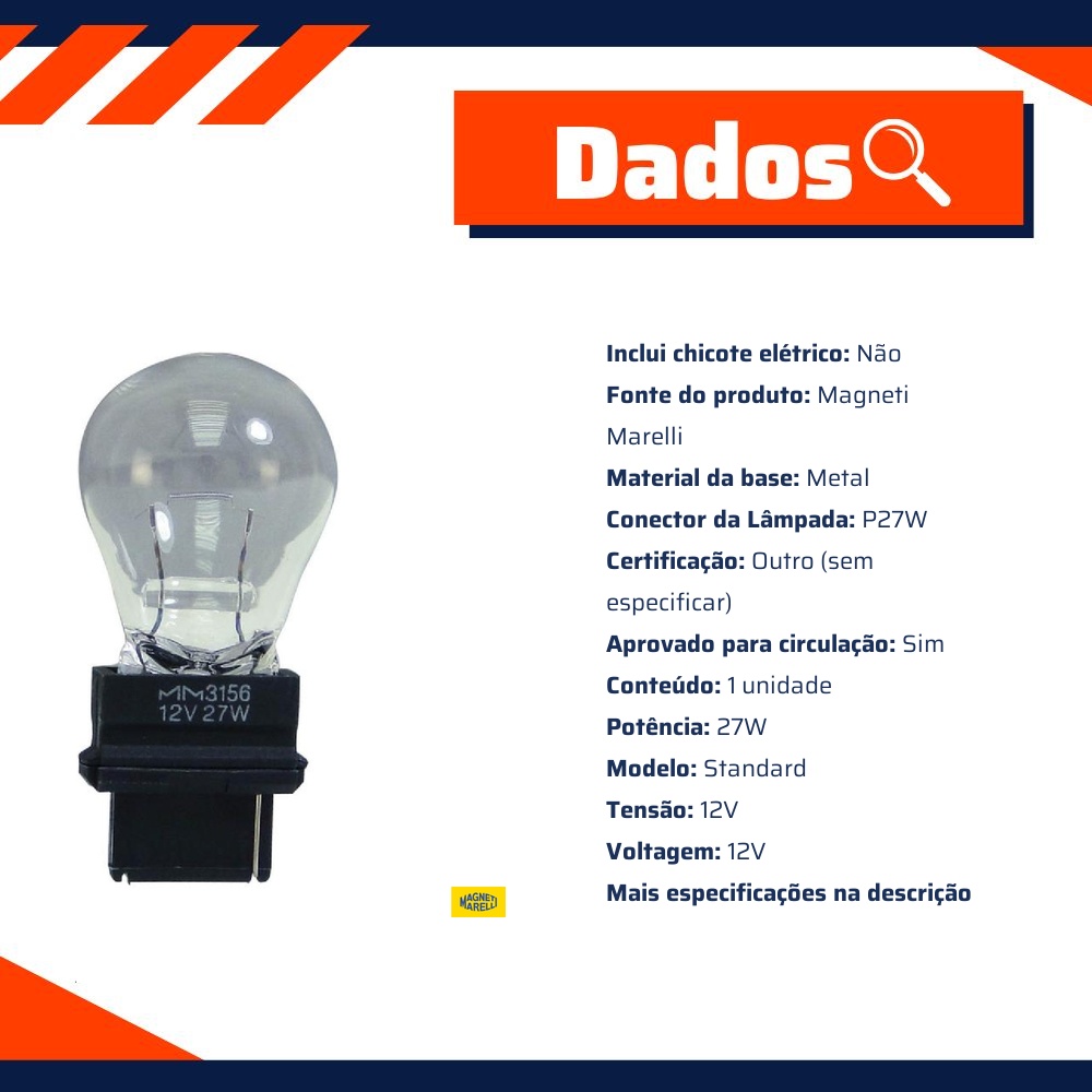 10 Lâmpadas Luz De Ré / 12V 27W W2.5X16D P27W Standard - Magneti Marelli - LMM3156