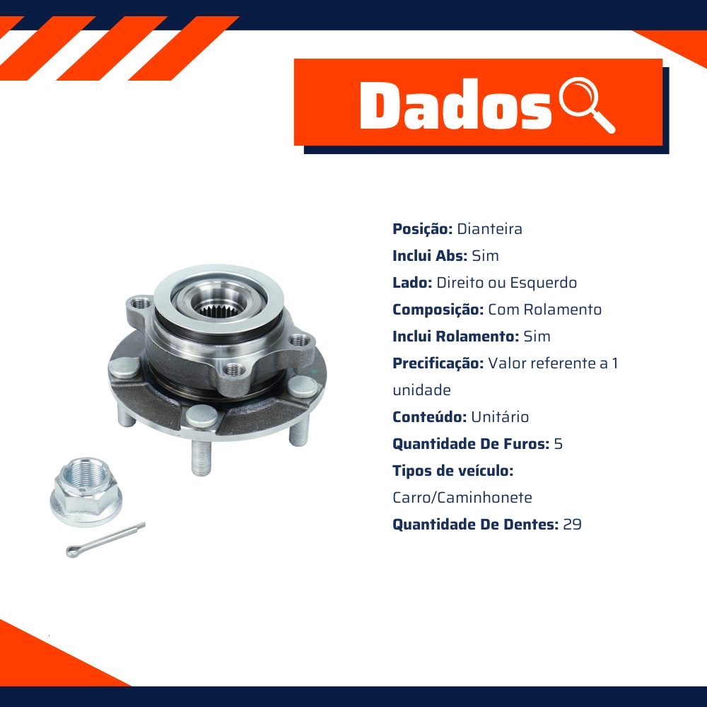 Cubo de Roda Dianteiro Direito ou Esquerdo 5 Furos 29 Dentes com Rolamento e ABS para Nissan Sentra - Cofap - CRC29008