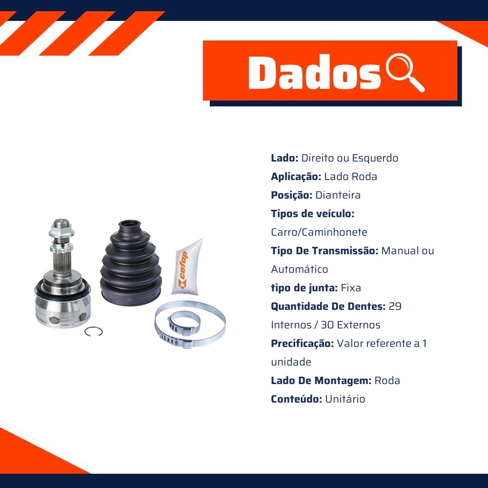 Junta Homocinética Fixa Dianteira Lado Roda para Toyota Hilux - Cofap - JHC22009