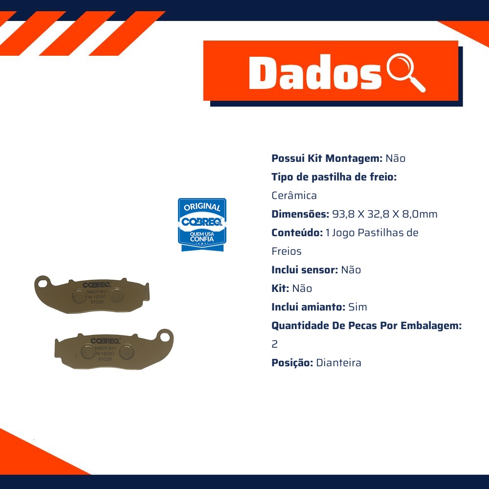 Pastilha de Freio Cerâmica Dianteira para Kasinski CRZ 150 e Mirage 150 - Cobreq - N-1822C