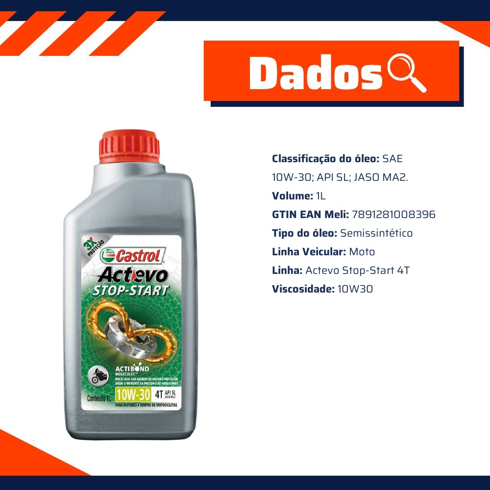 Óleo de Motor para Moto Actevo Stop-Start 4T 10W30 API SL Semissintético 1L - Castrol - 3430728