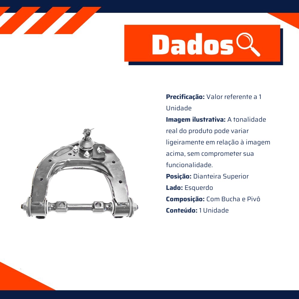 Bandeja Dianteira Superior Lado Esquerdo com Bucha e Pivô para Mitsubishi L200 - MetalSystem - 08975CMS