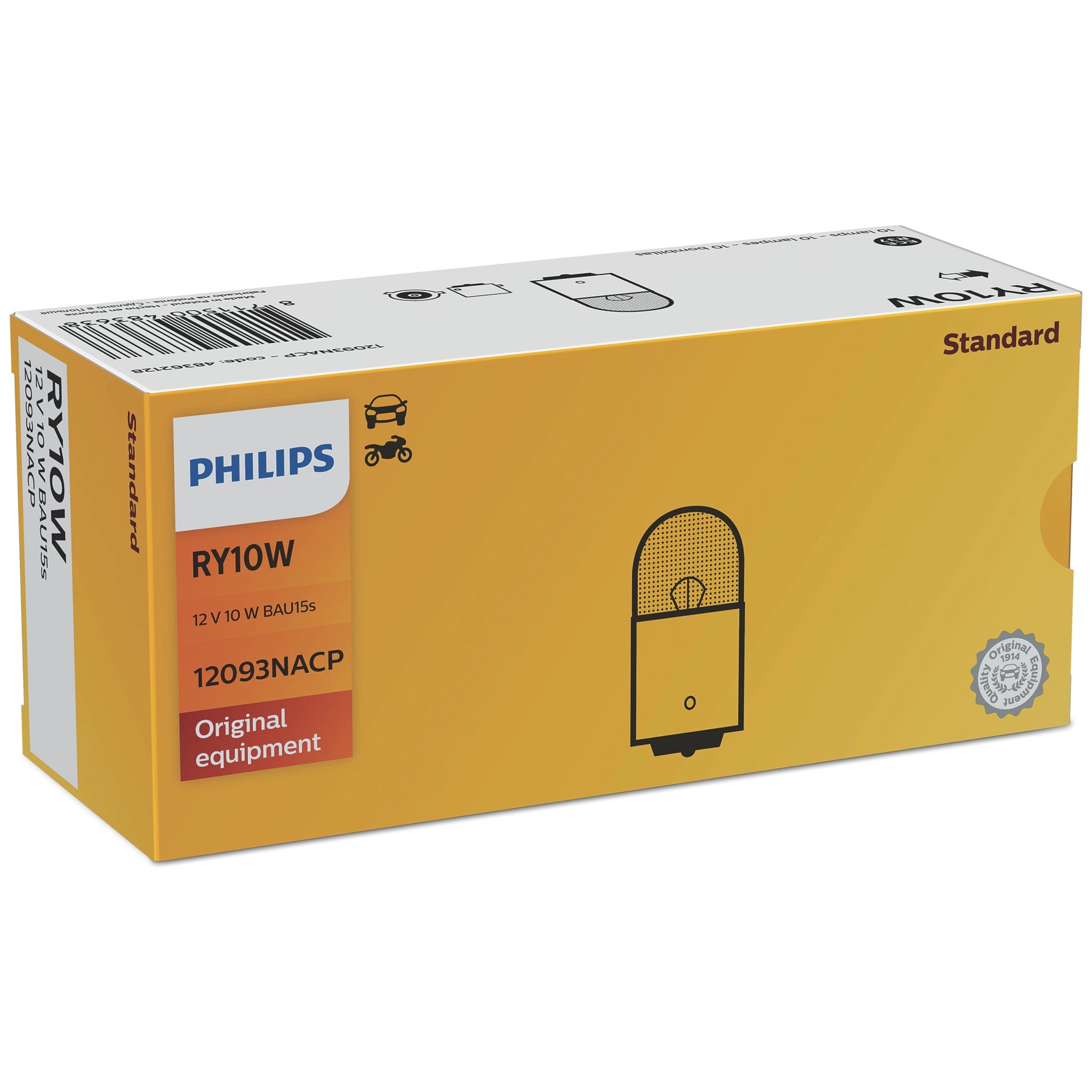 10 Lâmpadas Freio/Lanterna RY10W 12V Ambar - Philips - 12093NA