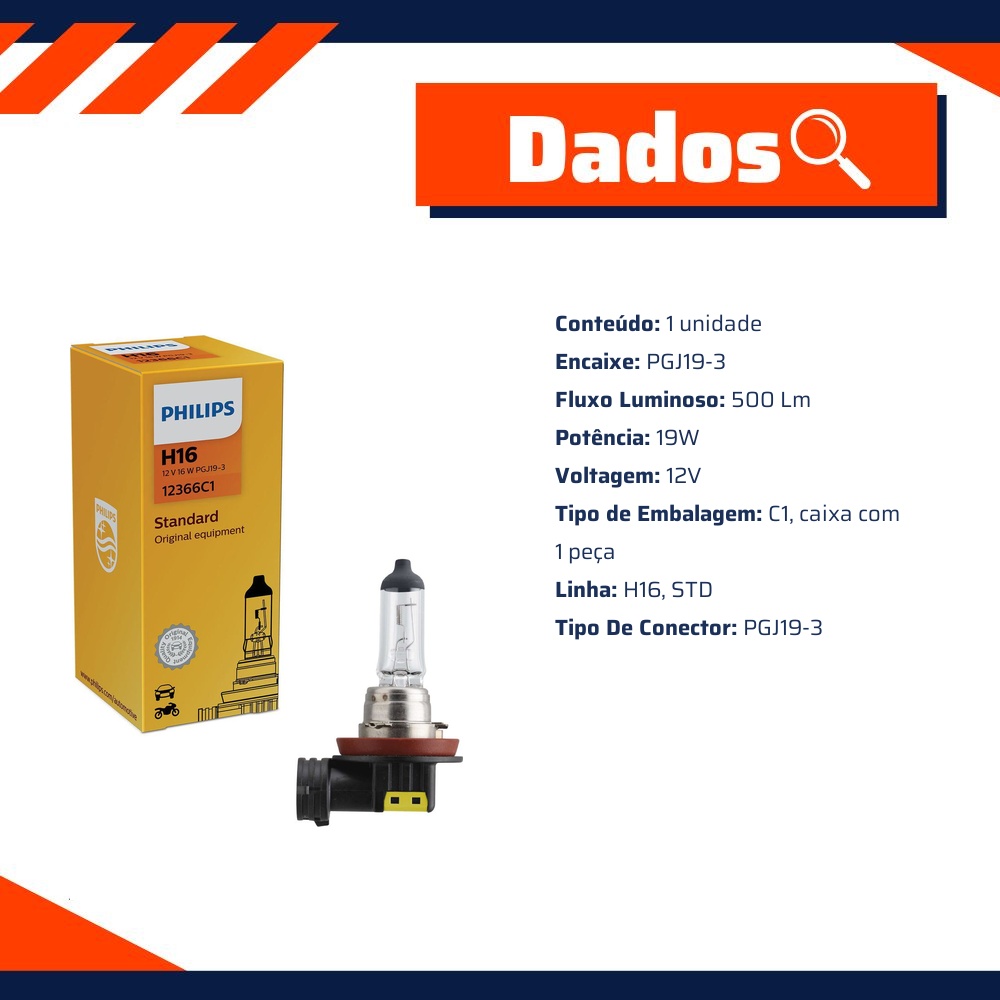 Lâmpada do Farol H16 12V - Philips - 12366C1