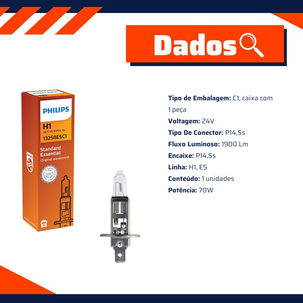 Lâmpada do Farol H1 24V STANDARD ESSENTIAL - Philips - 13258ESC1