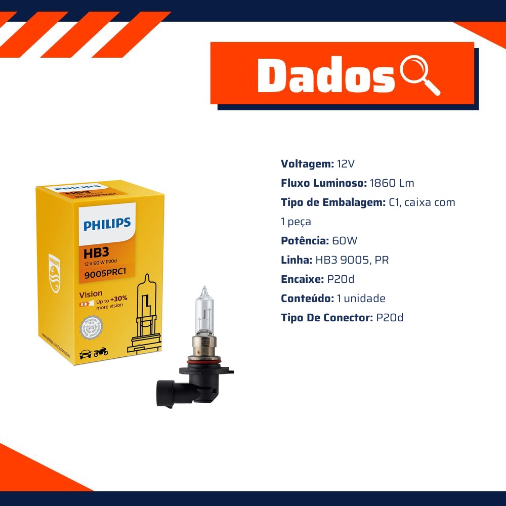 Lâmpada do Farol HB3 12V - Philips - 9005PRC1