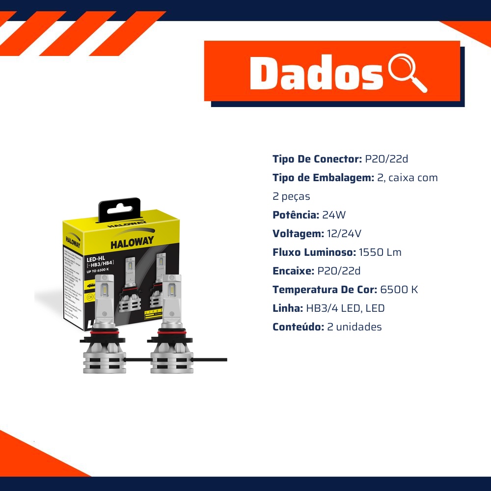Par Lâmpada LED do Farol HB3/HB4 12V 6500K - Haloway - LED HB3/4 HAL