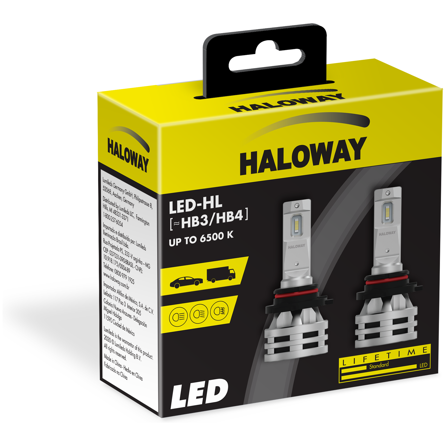 Par Lâmpada LED do Farol HB3/HB4 12V 6500K - Haloway - LED HB3/4 HAL