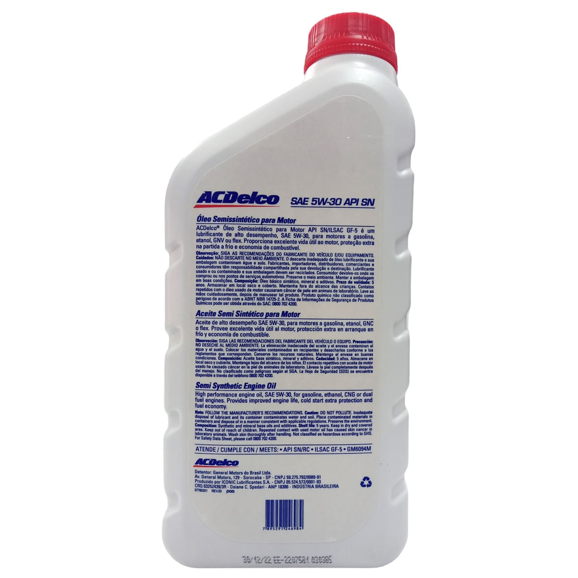 Óleo Lubrificante do Motor Semissintético 5W30 SN 1L - ACDelco - 98550378