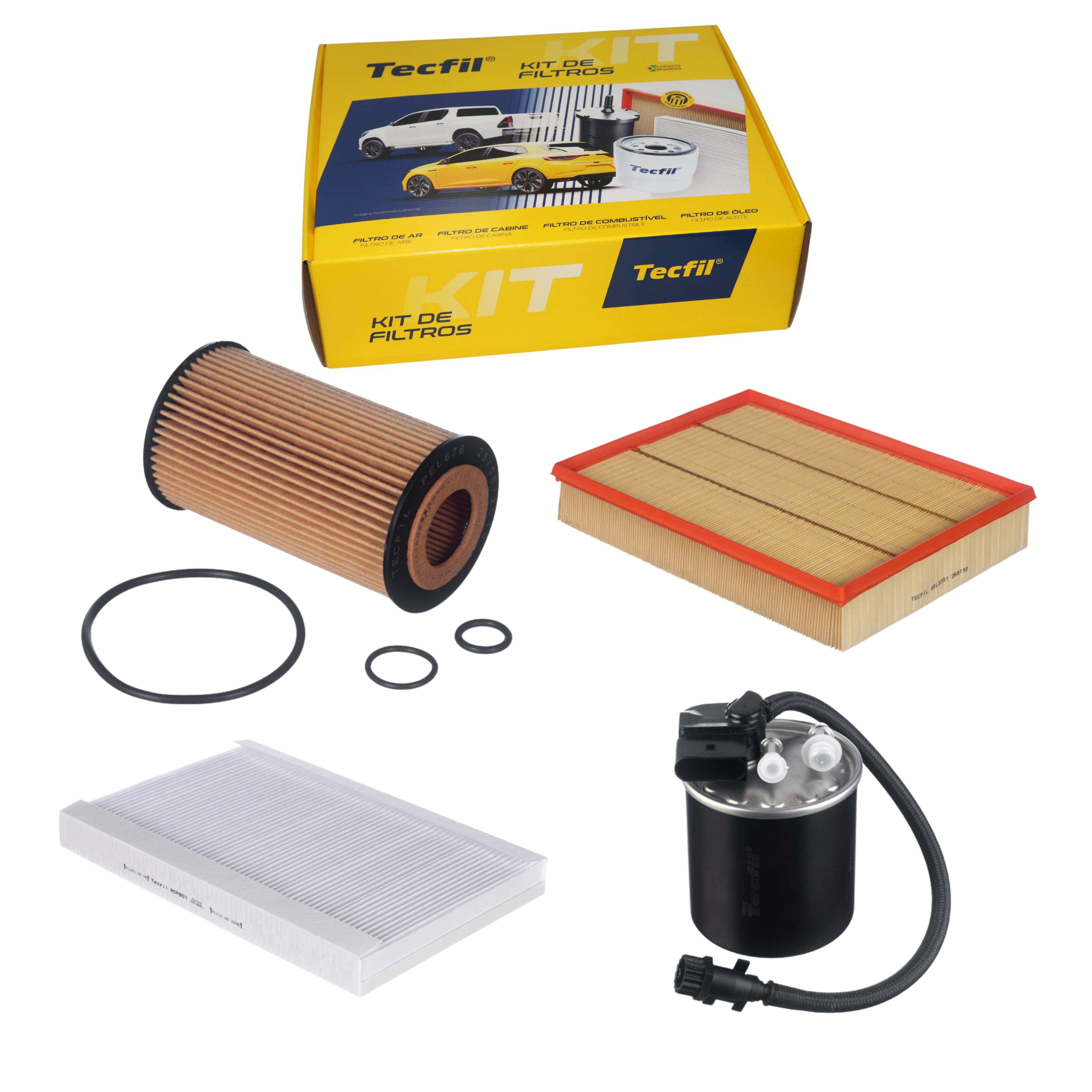 Kit de Filtros com Filtro de Ar, Filtro do Ar Condicionado, Filtro de Combustível e Filtro de Óleo - Tecfil - KTU002