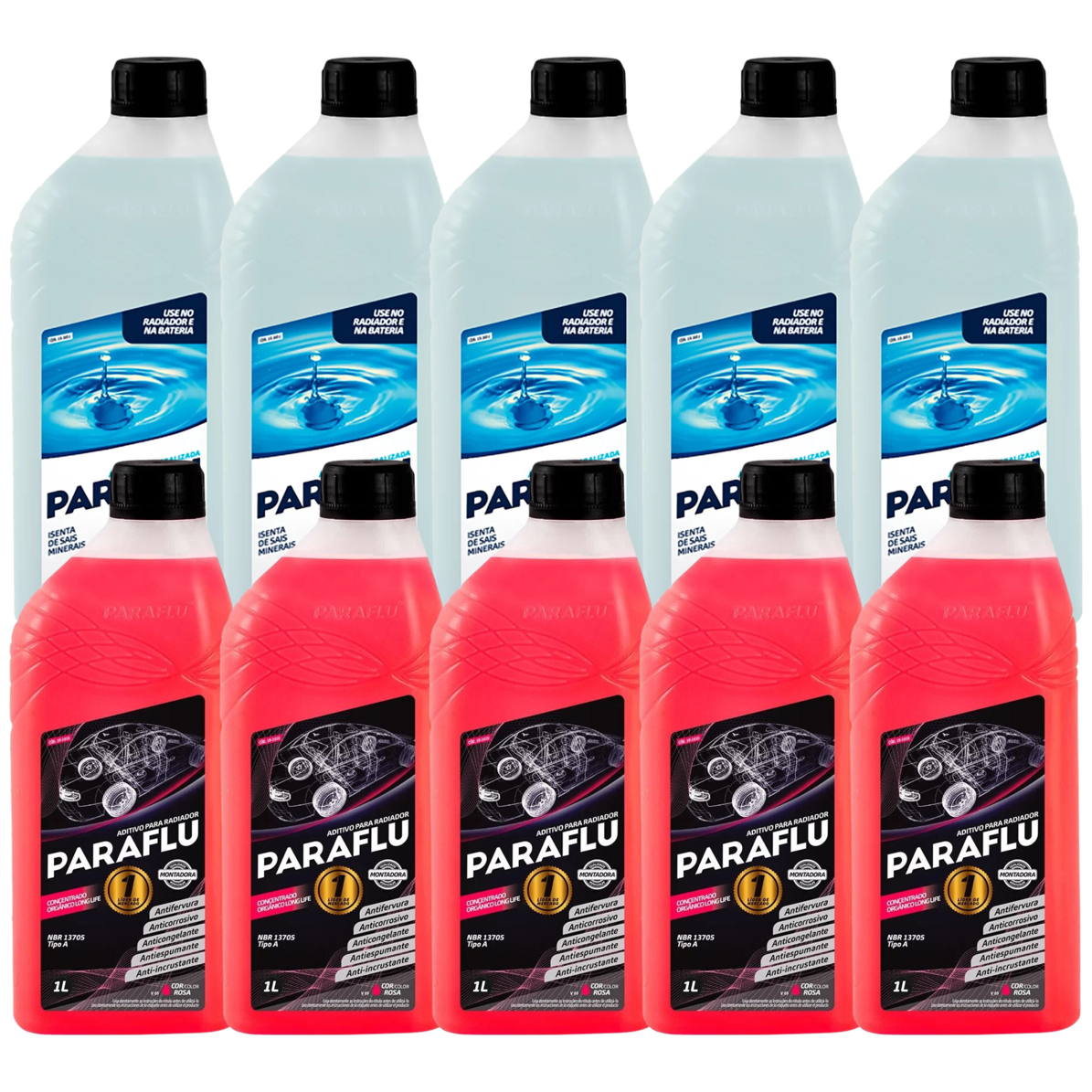 Kit 10 Litros com 5L Aditivo Radiador Paraflu Rosa Montadora Orgânico + 5L Água