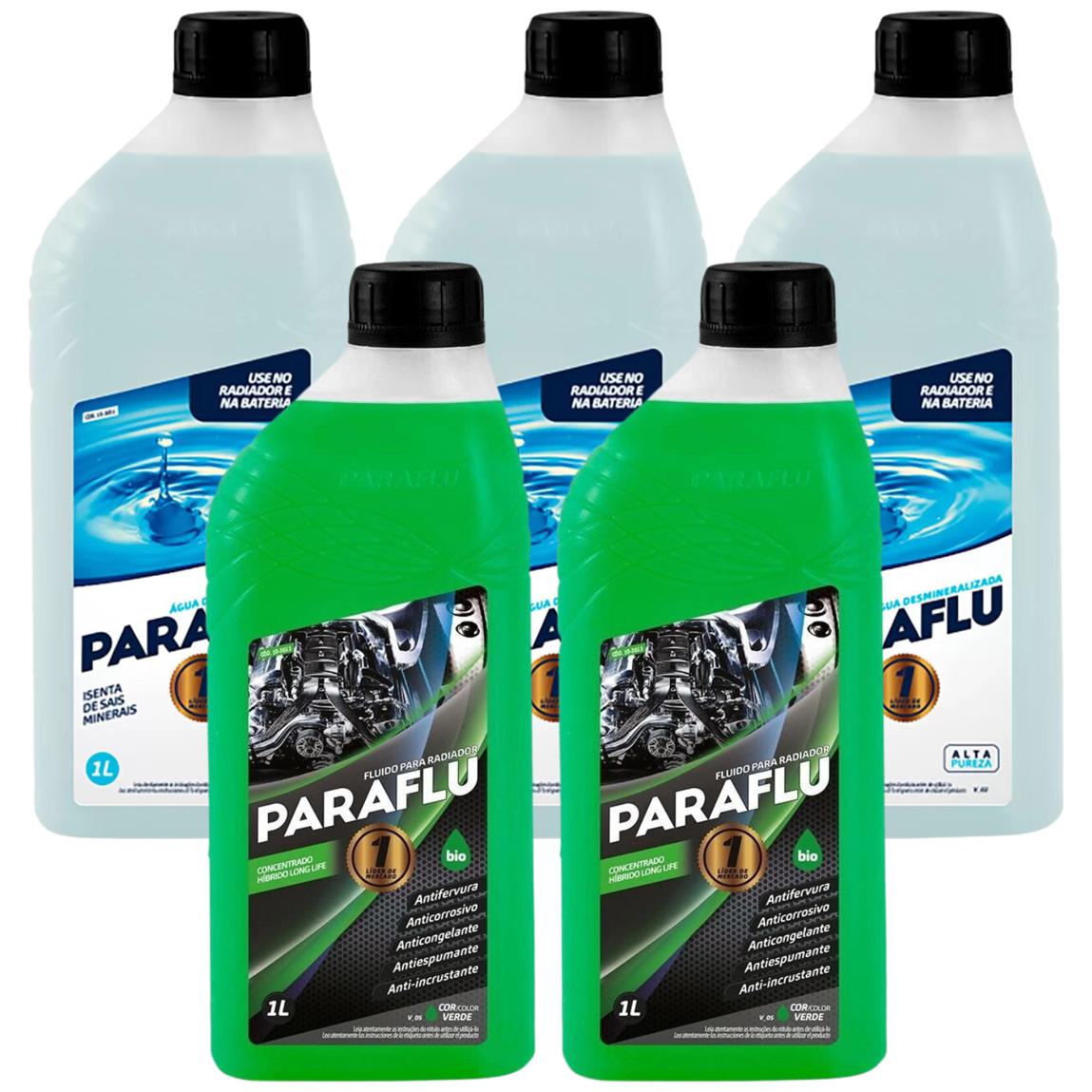 Kit 2 Litros Aditivo Radiador Concentrado Paraflu Bio Híbrido Verde + 3 Litros Água Desmineralizada
