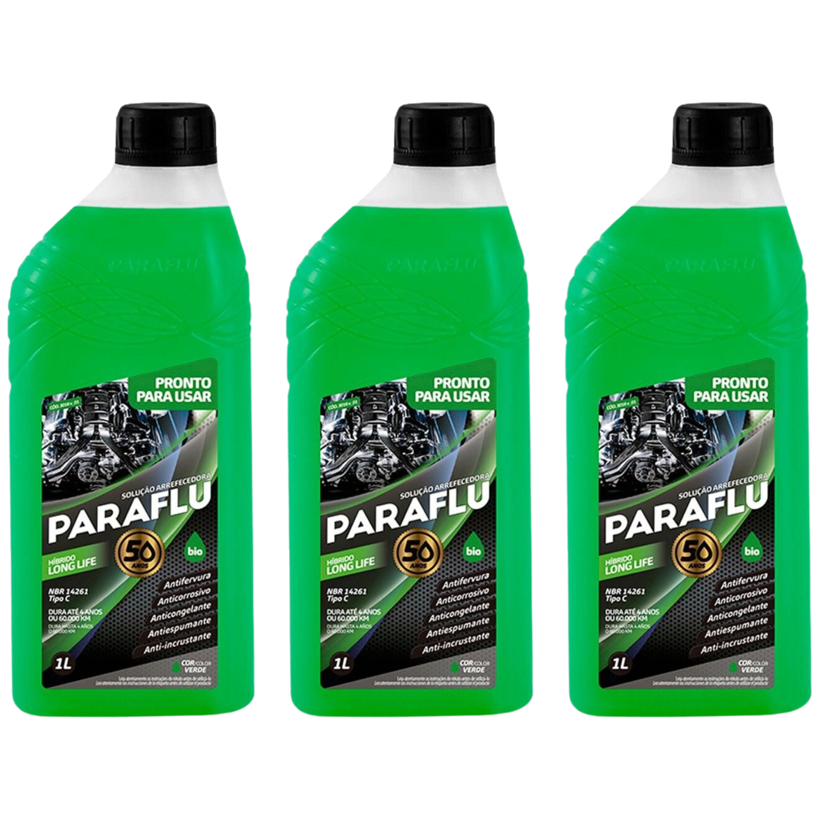 Kit 3 Litros Aditivo Radiador Pronto Para Uso Paraflu Bio Híbrido Verde