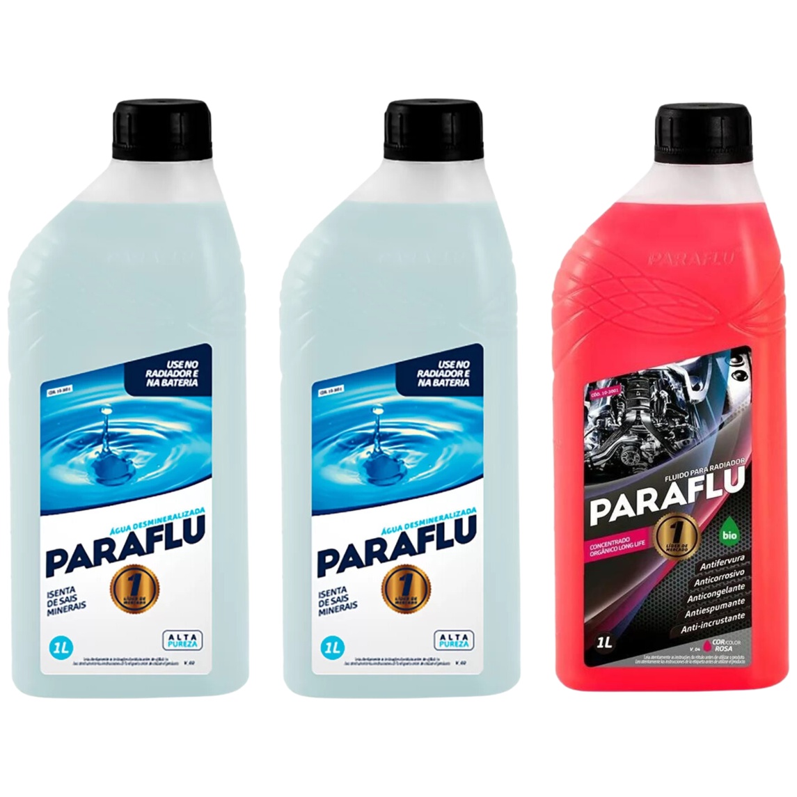Kit 3 Litros com 1L Aditivo Radiador Paraflu Rosa Bio Orgânico + 2L Água