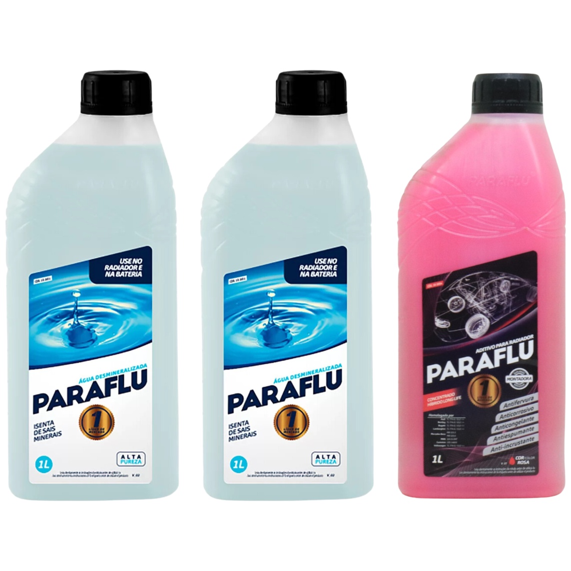 Kit 3 Litros com 1L Aditivo Radiador Rosa + 2L Água - Paraflu - 10-3031/10-3054
