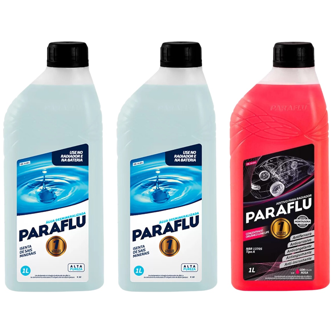 Kit 3 Litros com 1L Aditivo Radiador Paraflu Rosa Montadora Orgânico + 2L Água