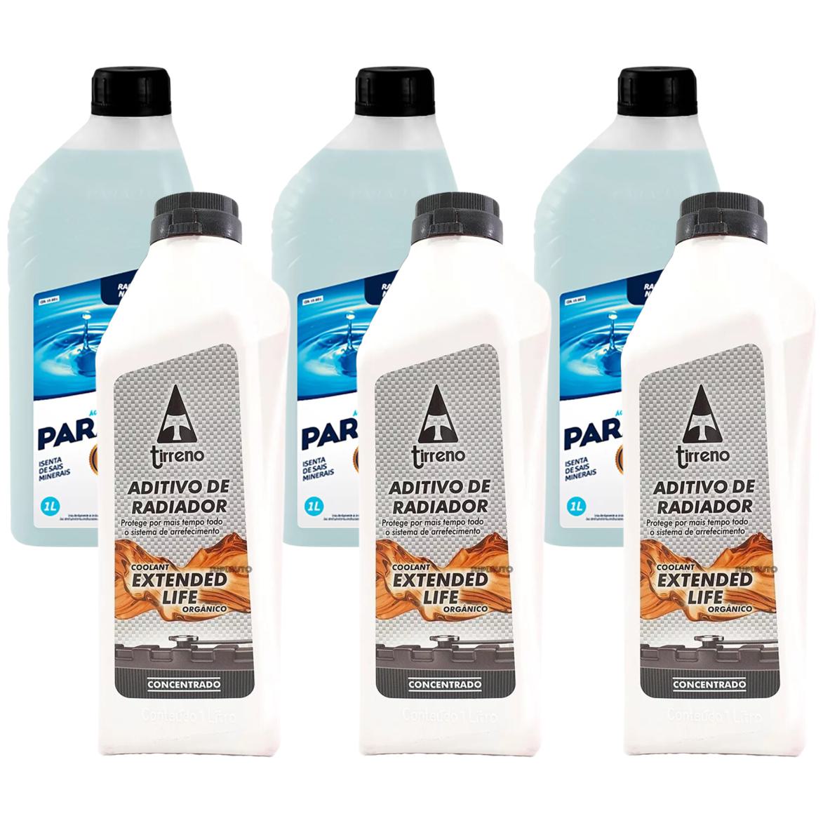 Kit 3L Aditivo Radiador Extended Life Tirreno + 3L Água Desmineralizada Paraflu