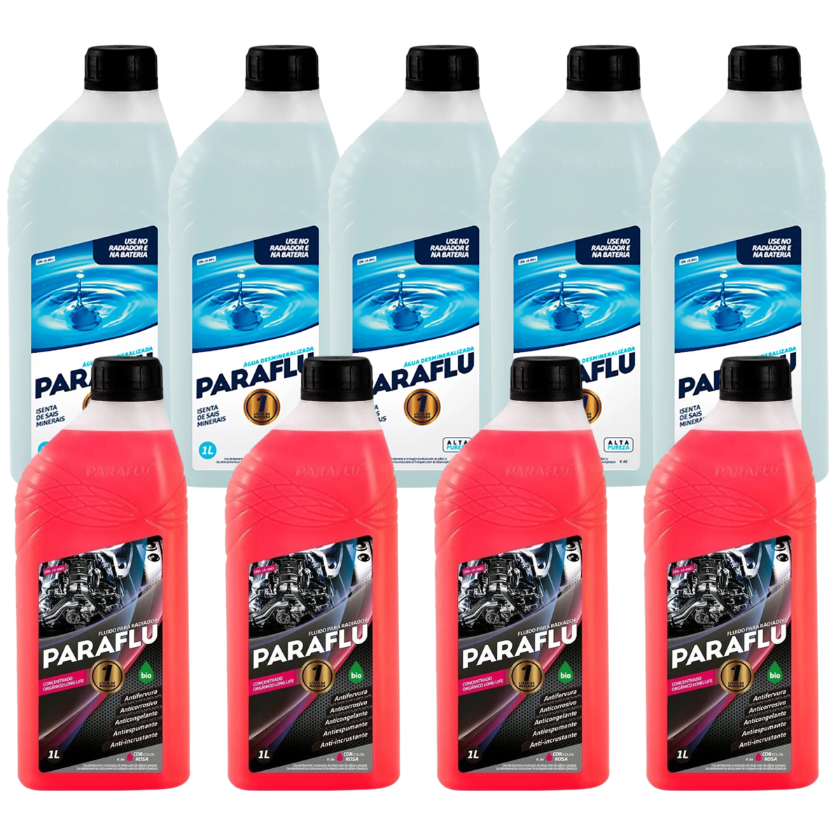 Kit 9 Litros com 4L Aditivo Radiador Paraflu Rosa Bio Orgânico + 5L Água