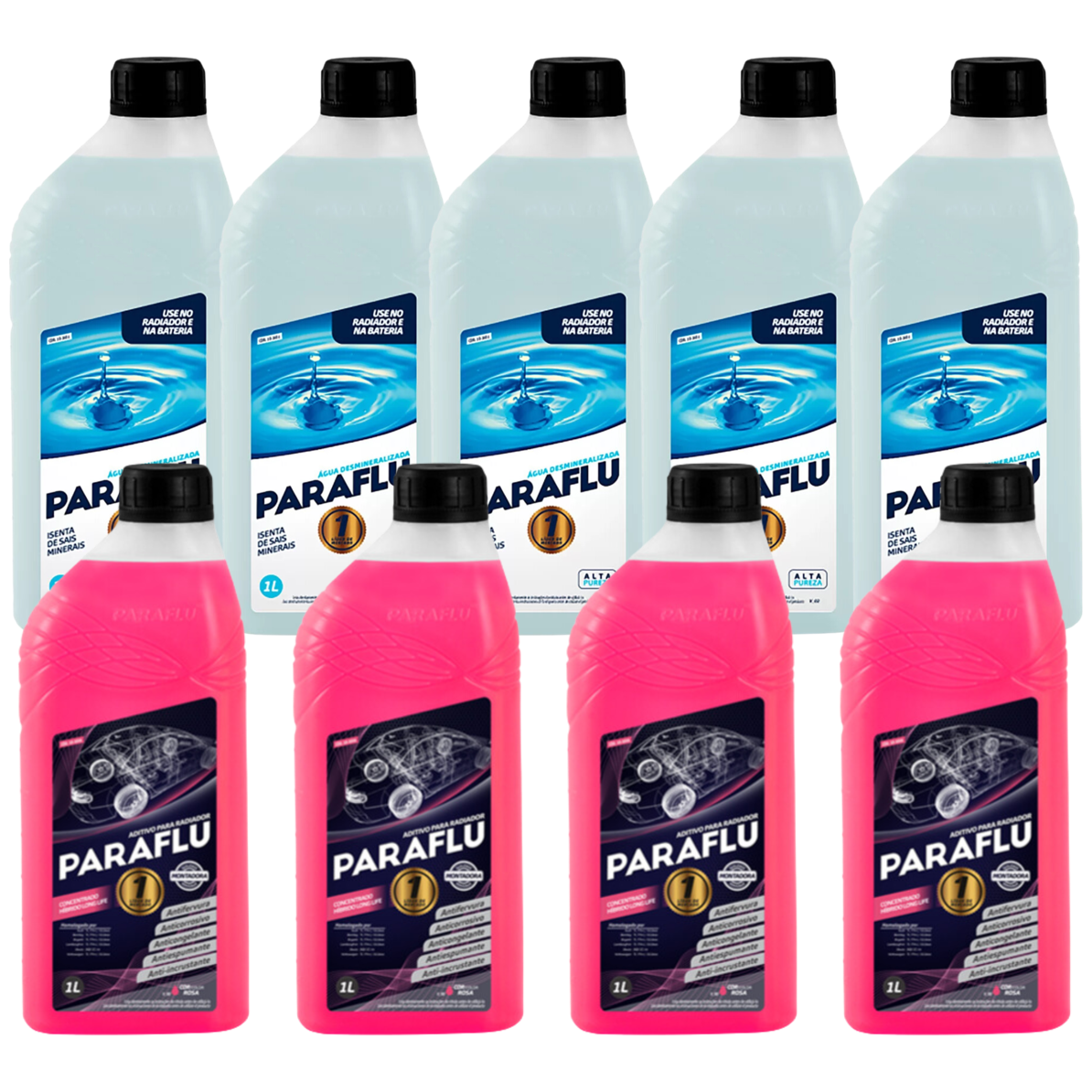 Kit 9 Litros com 4L Aditivo Radiador Rosa + 5L Água - Paraflu - 10-3031/10-3056