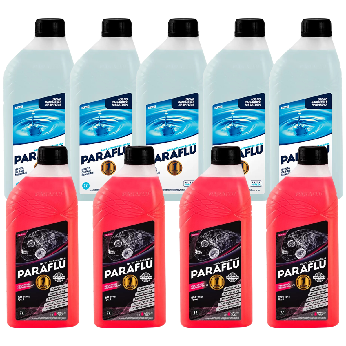 Kit 9 Litros com 4L Aditivo Radiador Paraflu Rosa Montadora Orgânico + 5L Água