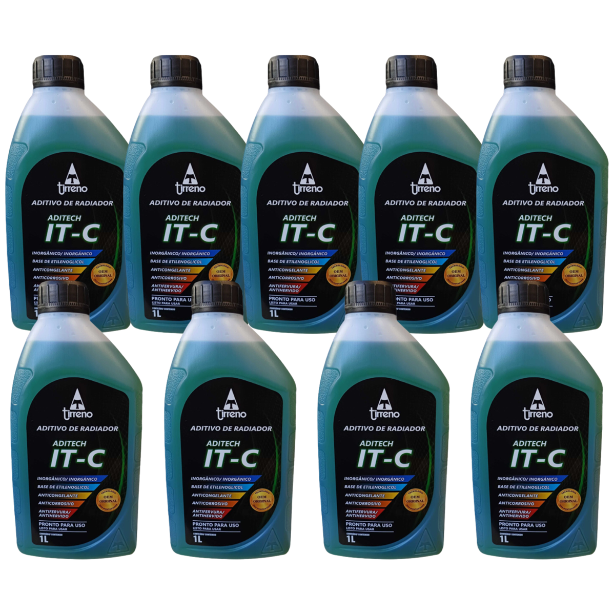 Kit 9 Litros Aditivo Radiador Pronto Para Uso Tirreno Inorgânico IT-C Verde Veículos até anos 90