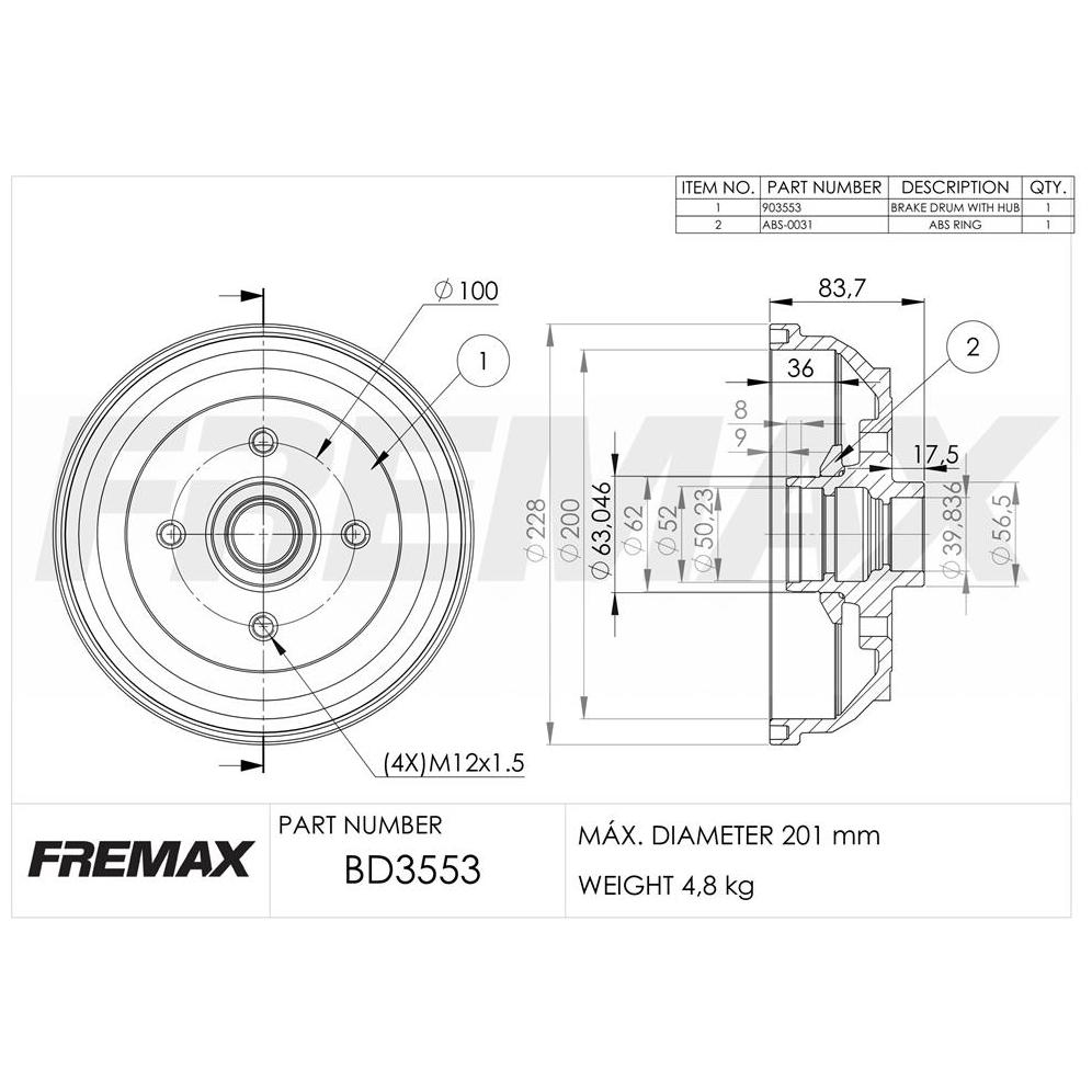 Tambor de Freio Traseiro 1 Unidade - Fremax - BD3553KT