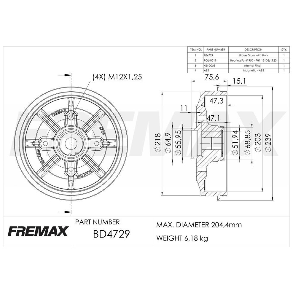 Tambor de Freio Traseiro 1 Unidade - Fremax - BD4729KT