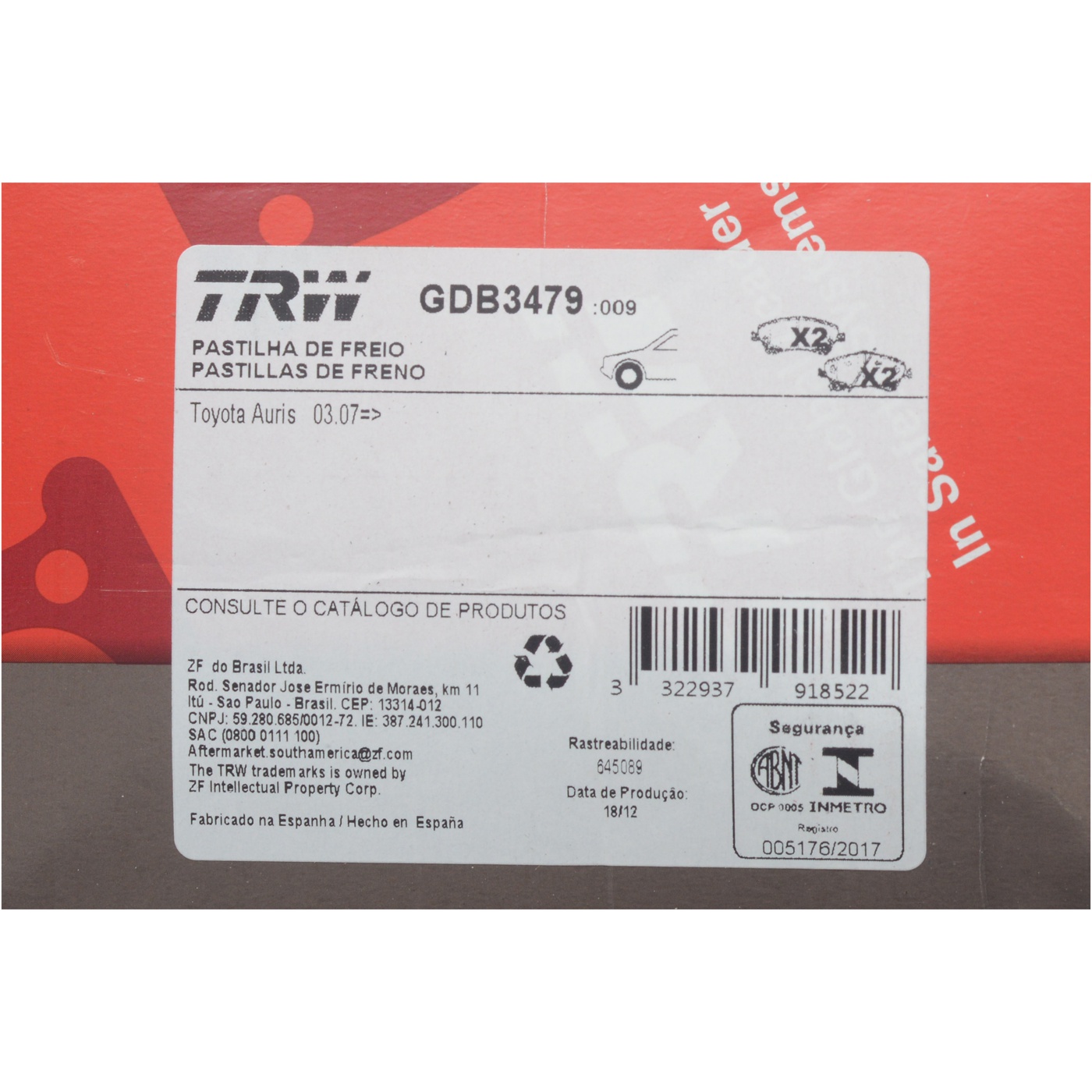 Pastilhas Freio Dianteira Antirruído Cotec para Toyota Corolla - TRW - GDB3479