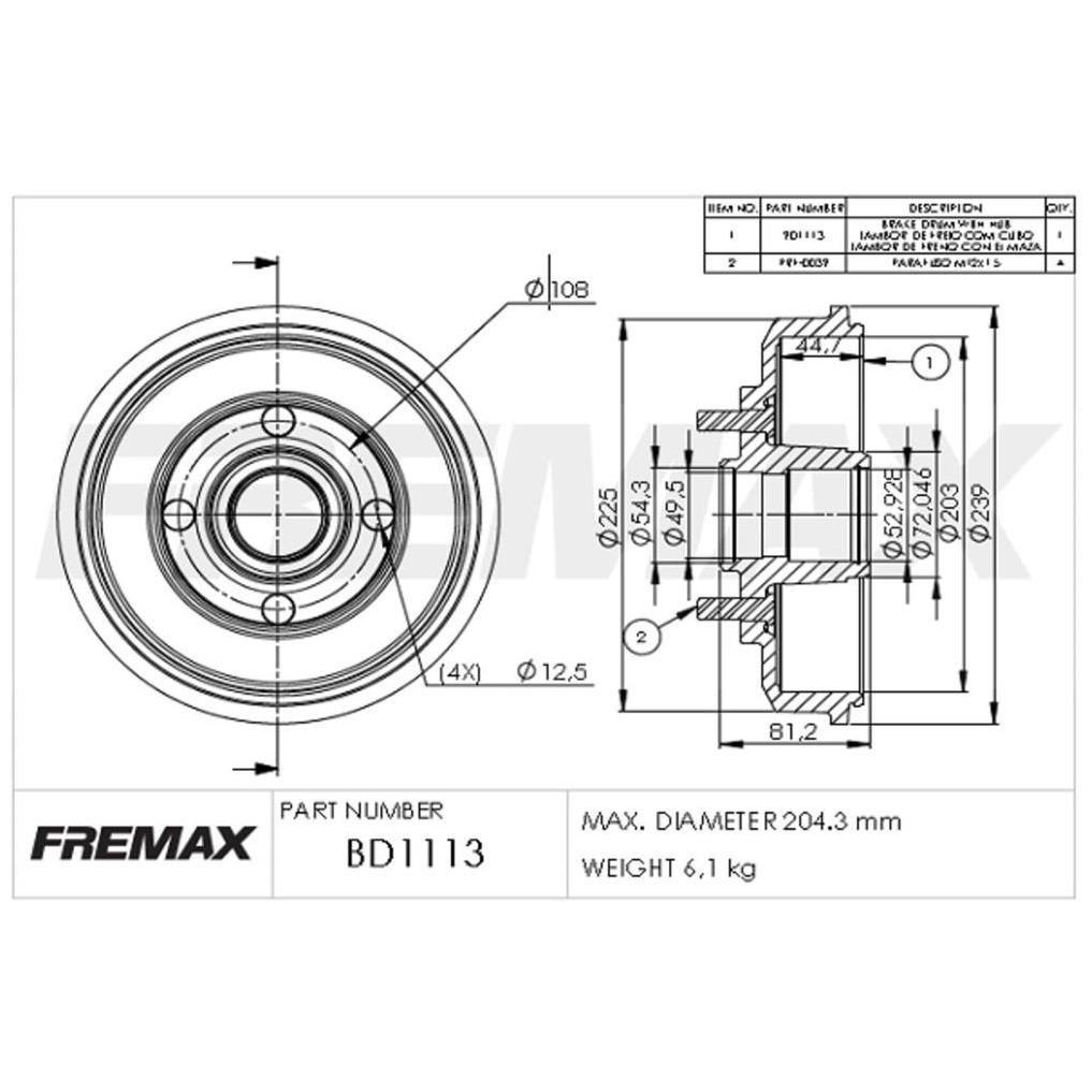 Tambor de Freio Traseiro 1 Unidade - Fremax - BD1113
