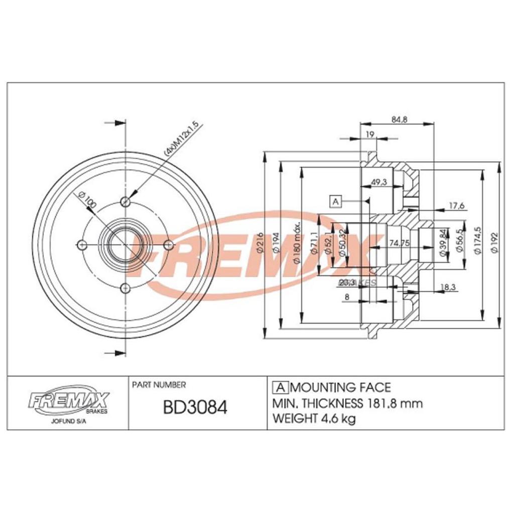 Tambor de Freio Traseiro 1 Unidade - Fremax - BD3084